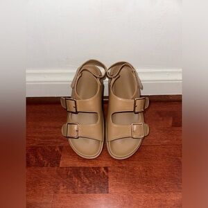 Old Navy tan platform double strap sandals with gold buckles